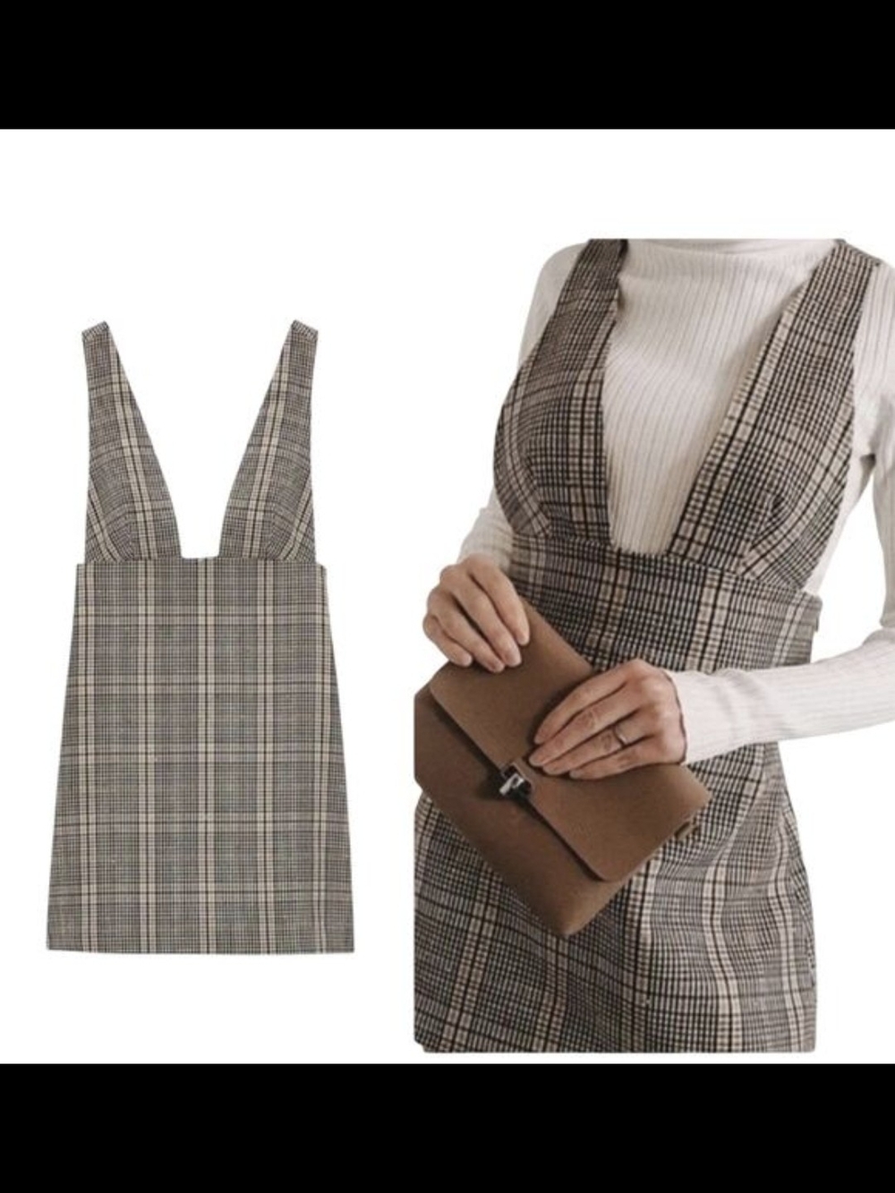 Zara plaid pinafore dress featuring a deep V-neckline and subtle sequin details.